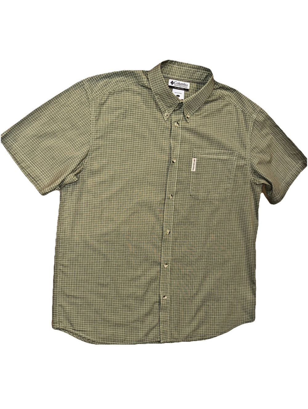 Columbia Men's L Shirt Green Micro Plaid Short Sleeve Cotton Casual